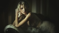 Woman retro vintage blondes couch short dresses