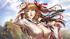 Woman Ribbons brunettes cleavage boobs fantasy art huge boobs 