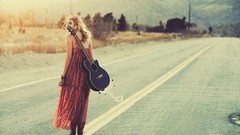 Woman roads guitars bangle blondes streets long dress looking 