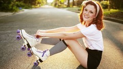 Woman roads outdoors redheads roller skates