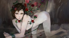 Woman roses thorns vines crawling yellow eyes nude tied artwork 