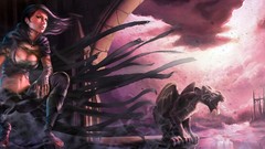 Woman ruins gargoyle statues brunettes artwork mistborn