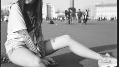 Woman Russia Shorts monochrome legs tattoos brunettes singers 