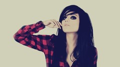 Woman scene black hair plaid shirt
