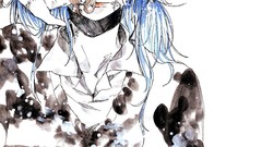 Woman scratch monochrome blue hair long hair blue eyes uniforms 