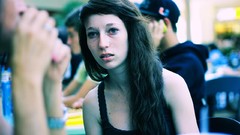 Woman shoulders long hair blue eyes brunettes pale skin Kylie 