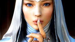 Woman silence lips rings blue eyes nuns blue dress