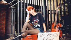 Woman sitting instruments guitars blue eyes redheads Karoline 