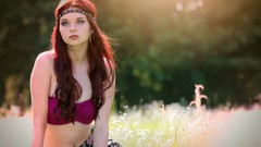 Woman sitting outdoors blue eyes models redheads Karoline Kate