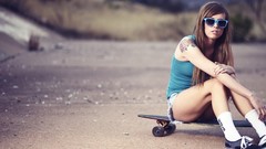 Woman Skateboarding sunglasses legs tattoos brunettes teen 