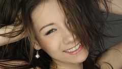 Woman smiling green eyes brown eyes brunettes Simple Background 