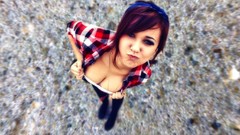 Woman smirk outdoors short hair cleavage teen Fluszerak