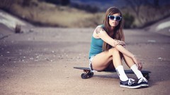 Woman sneakers retro sunglasses outdoors tattoos brunettes 