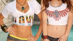 Woman sunglasses blondes brunettes models nude knees together 