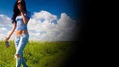Woman sunglasses brunettes denim clothing ripped jeans