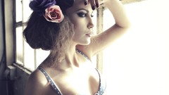 Woman sunlight brunettes flower in hair window panes polka dots 