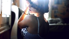 Woman sunlight lingerie brunettes braids bra Brenna Percy