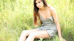 Woman sunset dress grass