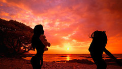 Woman sunset silhouettes Seaside