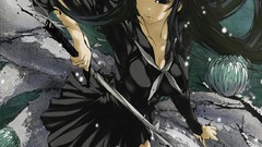 Woman Swords long hair school uniforms black hair black eyes 