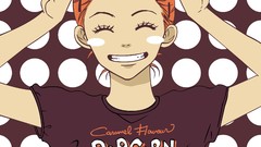 Woman t-shirts closed eyes short hair hair ornaments orange 