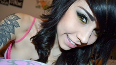 Woman tattoos brunettes black hair eyeliner