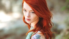 Woman tattoos green eyes redheads pale skin Lass-model Julie 