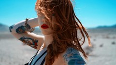 Woman tattoos green eyes redheads pale skin Lass-model Julie 