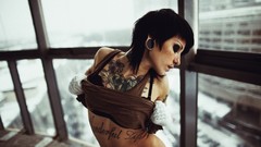 Woman tattoos lingerie freckles boobs Russians Bantik Boy