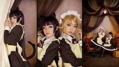 Woman tile red eyes blondes blue eyes maids nekomimi purple 