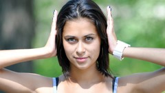 Woman watches earrings green eyes brunettes spaghetti straps