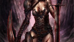 Woman weapons blood scars armor Swords shields fan art injury 