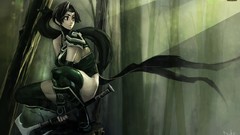 Woman weapons fighters armor Warriors long hair ponytails black 