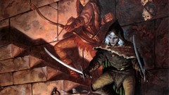 Woman weapons fur leather hood elves white hair gloves arrows 