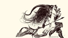 Woman weapons horns armor monochrome long hair cleavage artwork 