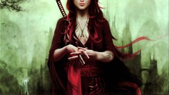 Woman weapons Katana Swords tattoos redheads artwork fantasy 