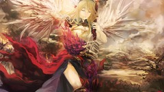 Woman weapons wings dress armor outdoors blondes long hair 