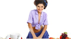 Woman white background fruits brunettes cooking drinking