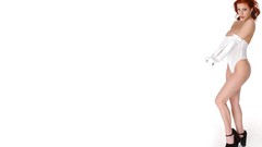 Woman white background gloves redheads leotard high heels 