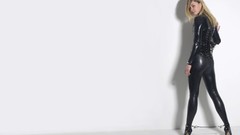 Woman white background latex blondes corset bondage looking 