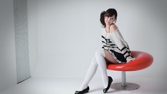 Woman white background sitting asians models Korean striped 