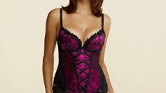 Woman white background smiling lingerie corset brunettes 