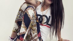 Woman white background tattoos long hair brunettes trainers emo 