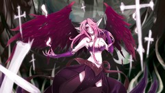 Woman wings gloves skirts long hair purple hair purple eyes 