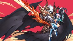 Woman wings horns red eyes Swords purple hair cleavage artwork 