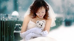 Woman winter snow Dogs