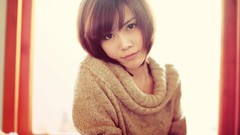 Woman wool asians brown eyes brunettes short hair sweaters cowl