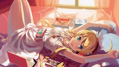 Women Anime anime girls computer in bed lipstick laptop VOFAN