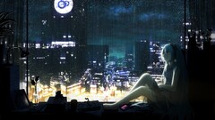 Women hatsune miku City Music rain drawing futuristic Anime