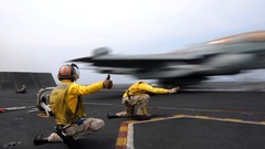 Yellow Aircraft soldiers two Carrier deck signal jet aircraft 